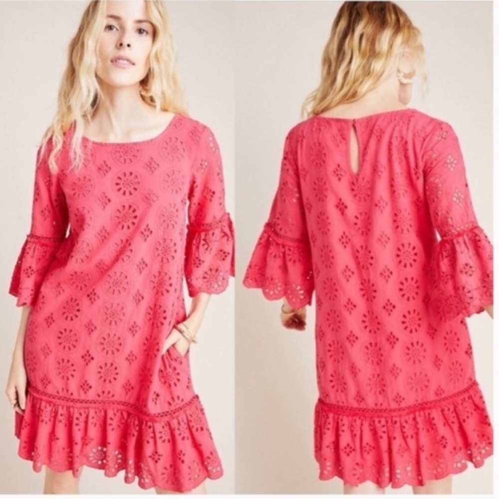 Anthropologie Vibrant Pink Eyelet Mini Dress